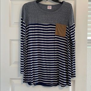 Blue and white striped long sleeve pocket tunic